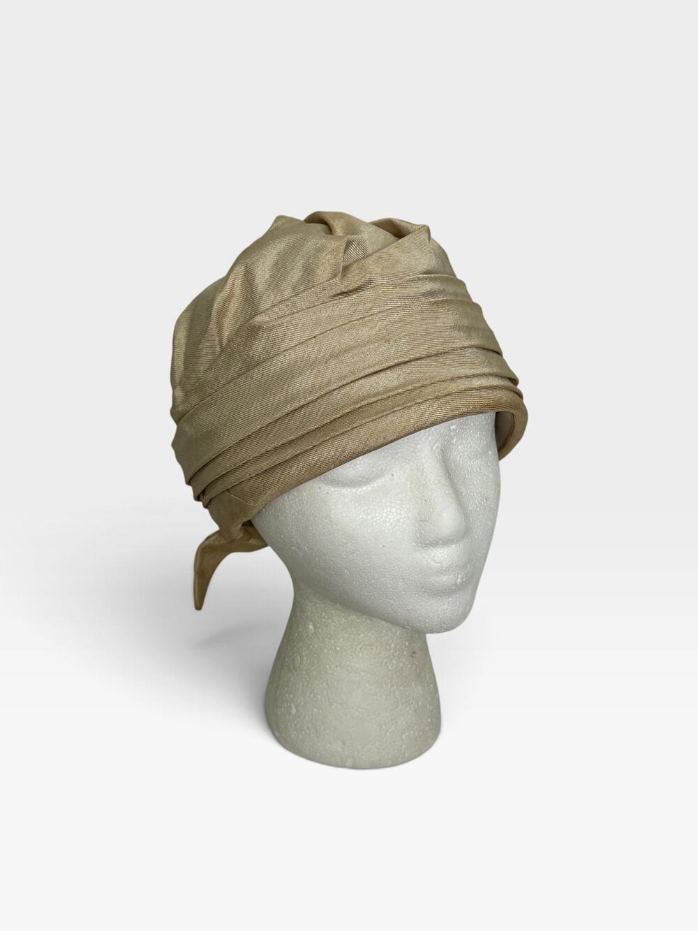Vintage Champagne Pleated Turban Hat Union Made 22" Hollywood Glam